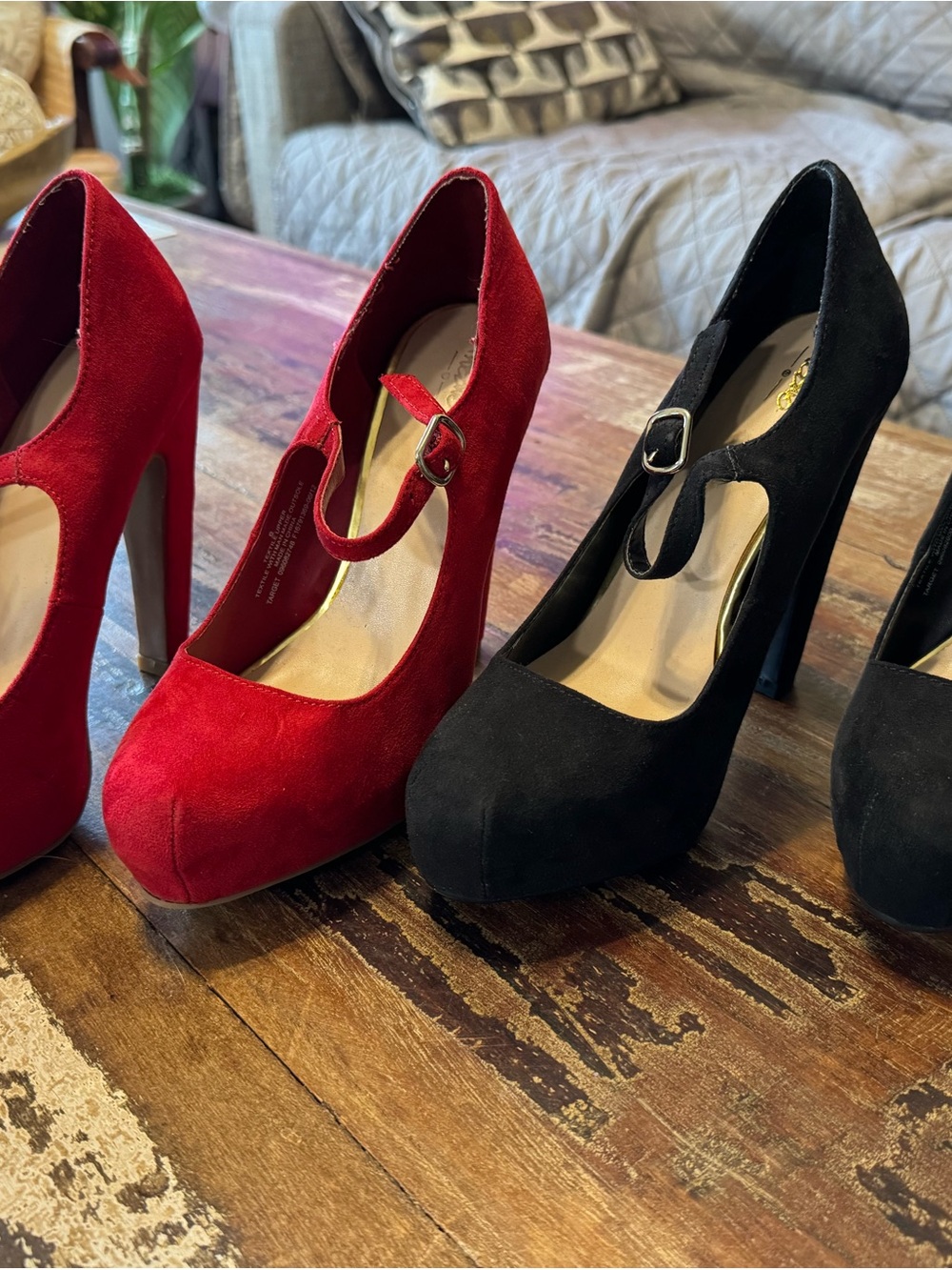 Suede Mary Jane High Heels in Red and Black